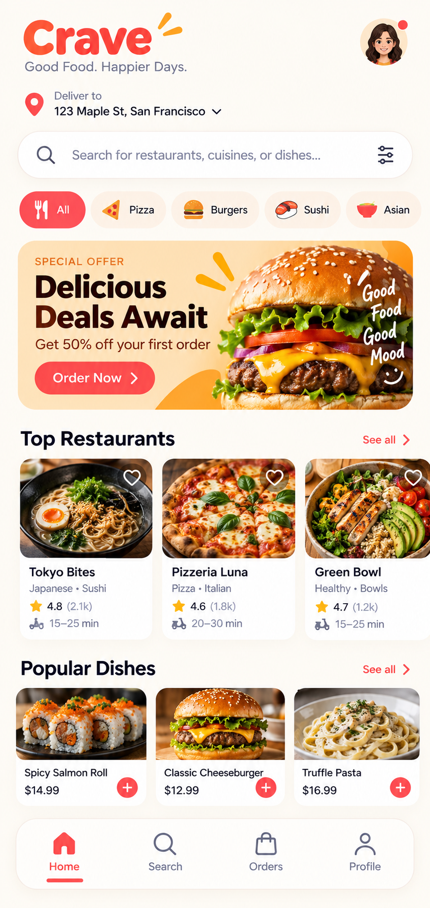 Crave food delivery app concept